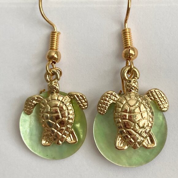 Gold Sea Turtle Shell Charm Earrings Plated Dangle Island Nautical Green Shells - Picture 5 of 8